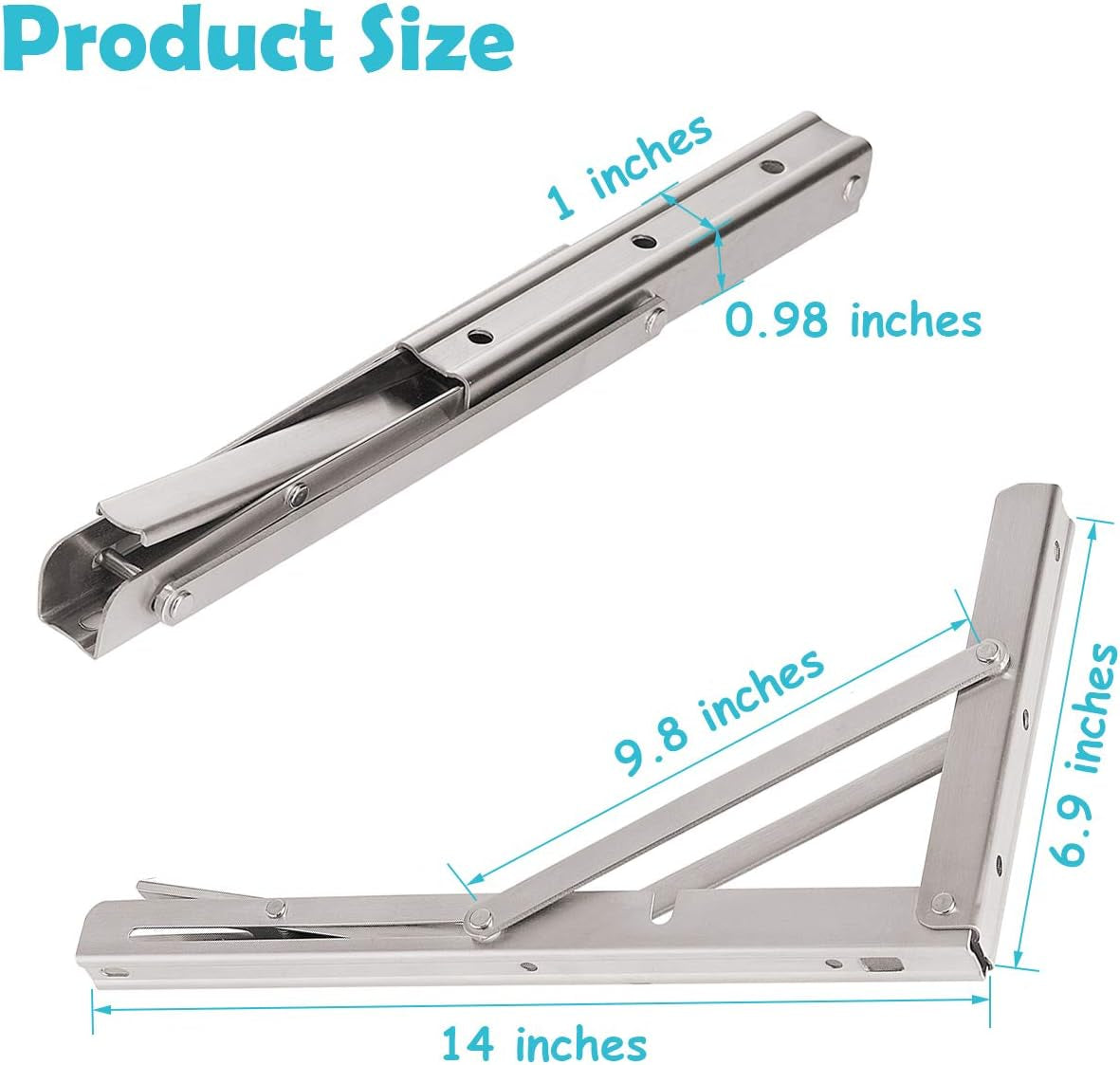 14'' Folding Shelf Brackets Max. Load 440 Lb, Heavy Duty Stainless Steel DIY Wall Mounted Shelf Bracket Space Saving for Table Work Bench, Pack of 2