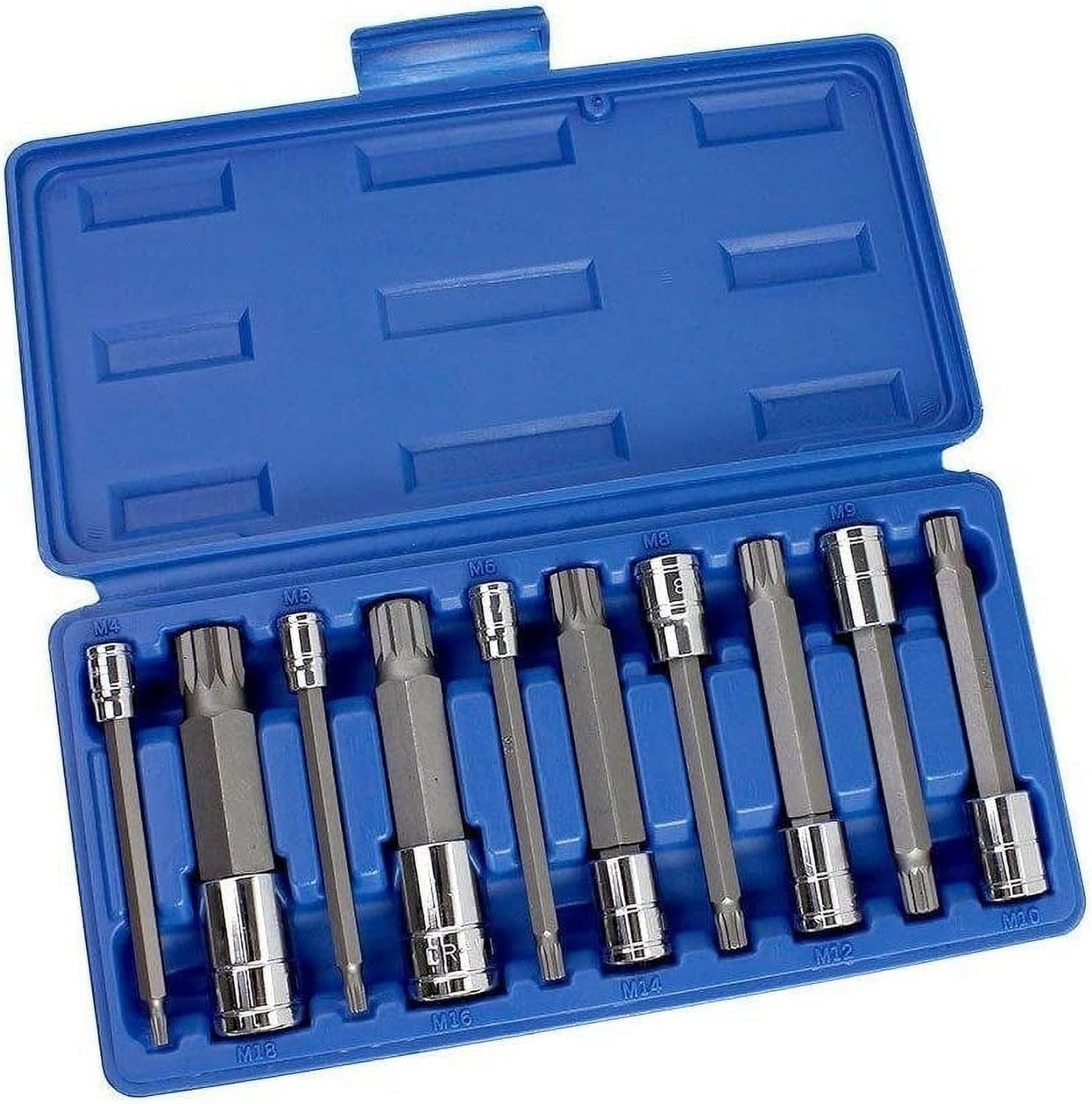 10054A XZN Triple Square Spline Bit Socket Set | Extra Long 4” | 4Mm to 18Mm | 10-Piece Set | S2 and Cr-V Steel