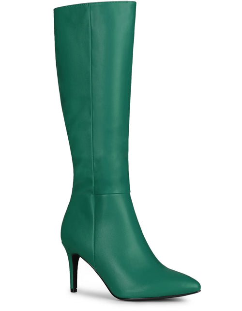 Load image into Gallery viewer, Women Pointed Toe Side Zipper Stiletto Heel Knee High Boots Dark Green 6.5
