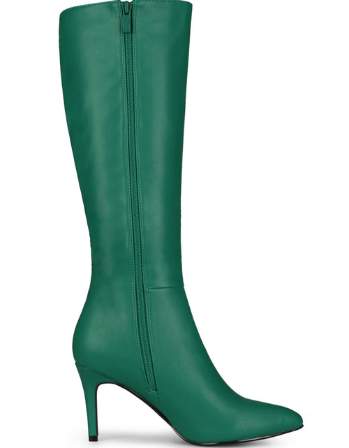 Load image into Gallery viewer, Women Pointed Toe Side Zipper Stiletto Heel Knee High Boots Dark Green 6.5
