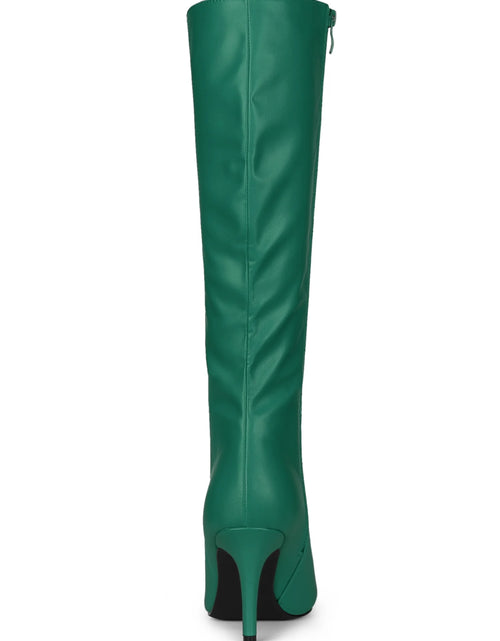 Load image into Gallery viewer, Women Pointed Toe Side Zipper Stiletto Heel Knee High Boots Dark Green 6.5
