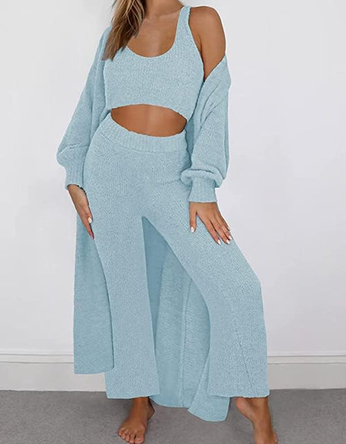 Load image into Gallery viewer, Women&#39;S Fuzzy 3 Piece Sweatsuit Open Front Cardigan Crop Tank Tops Wide Legs Pants Lounge Sets
